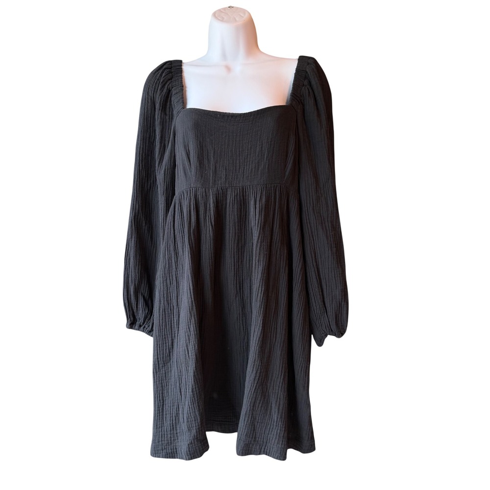 J. Crew Re-Imagined Dress Size XS Black Cotton Gauze Square Neck Puff Sleeve